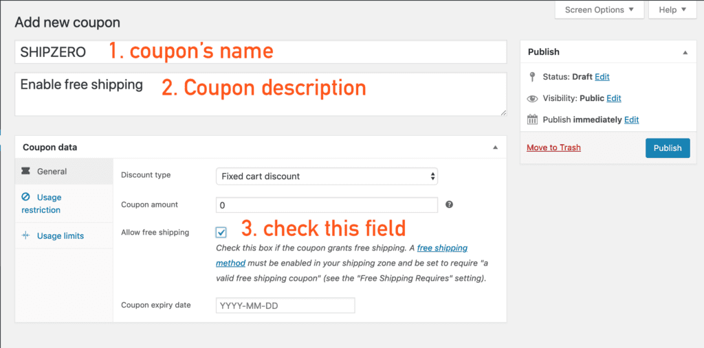create WooCommerce free shipping coupon