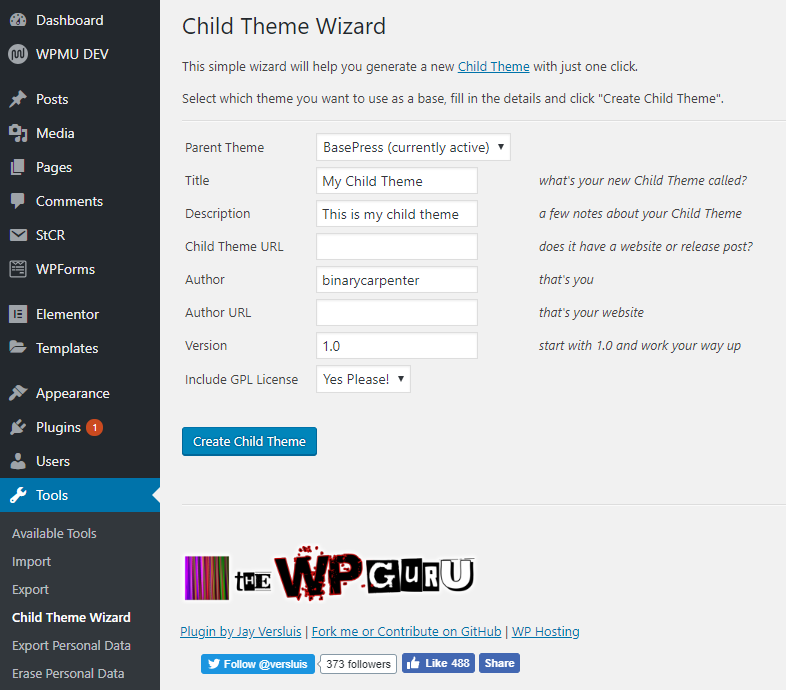 creating child theme with child them wizard
